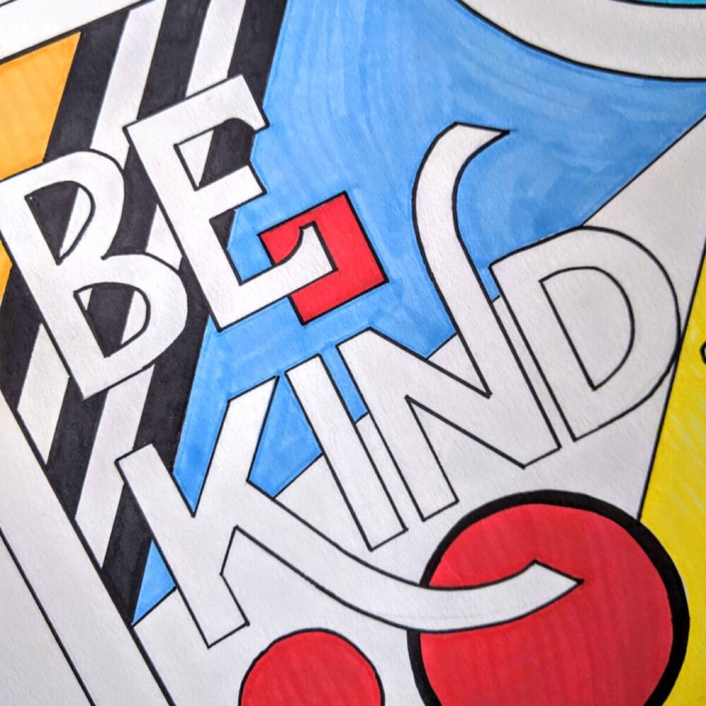 Be Kind, op-art drawing in pen and marker by Antoinette Jordaine