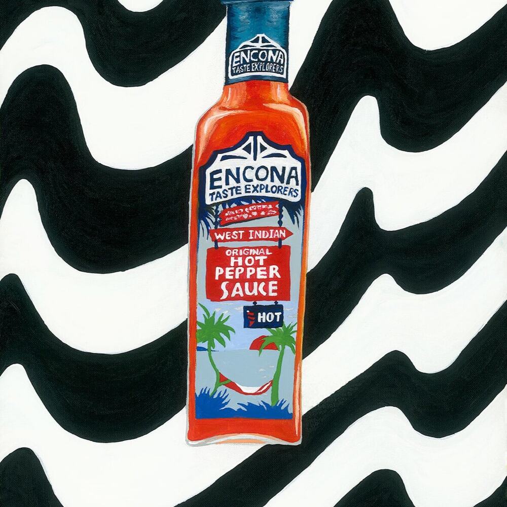 Encona Hot Pepper Sauce, pop art painting by Antoinette Jordaine, 2016
