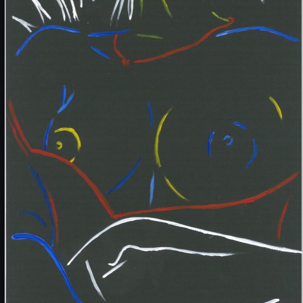 Figure Study I, single-line figure drawing in primary colours by Antoinette Jordaine